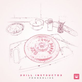 Album cover art for 'Drill Instructor' single by Pohokolius released in 2024, featuring photo of iron cast weight on a cutting board, surrounded by eggs, spices and a knife