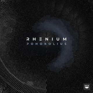 Album cover art for 'Rhenium' single by Pohokolius released in 2025, featuring an abstract dark photo of distorted gray mesh converging to a dark gray circle in the center. The track name 'Rhenium' and artist 'Pohokolius' appear in white/pale light purple in the middle.