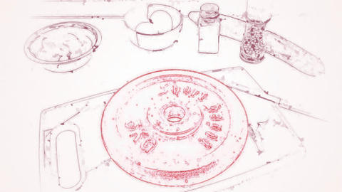 Album cover art for 'Drill Instructor' single by Pohokolius released in 2024, featuring photo of iron cast weight on a cutting board, surrounded by eggs, spices and a knife